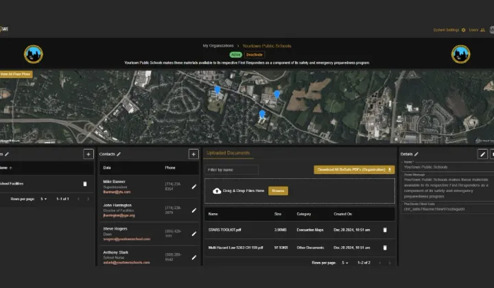 The new BeSafe platform dashboard showing an organization's mapped sites, key contacts, and uploaded emergency documents.