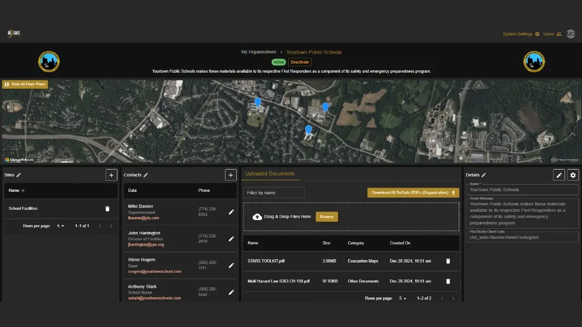 The new BeSafe platform dashboard showing an organization's mapped sites, key contacts, and uploaded emergency documents.
