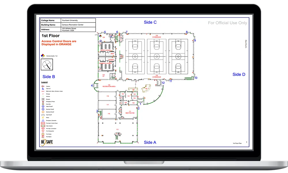 BeSafe floor plan with access-control routes on a laptop