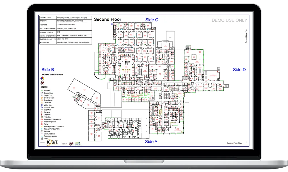 The BeSafe Safety Portal showing an interactive digital floor plan on a laptop