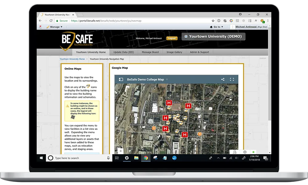 BeSafe aerial map and location view on a laptop