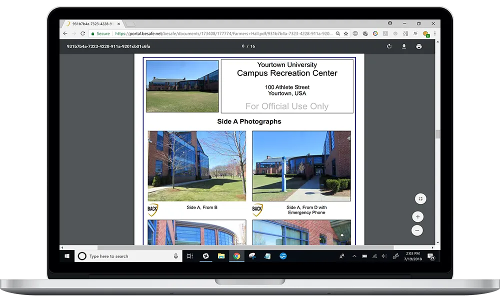 BeSafe site photographs and safety screening on a laptop